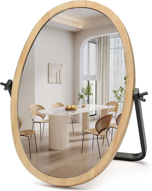 Geloo Vanity Makeup Table Mirror - Desk Mirrors 360 Adjustable Rotation,Wood Framed Small Standing Mirror for Bedroom,Tabletop,Office,Antique,Dresser,Countertop 11.8'' x 7.8''