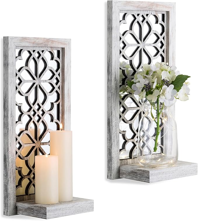 Wood Small Wall Shelves for Candle - Decorative Farmhouse Floating Shelf Candle Sconces for Wall Decor - Rustic Carved Floating Shelf Wooden Shelving for Bathroom Bedroom