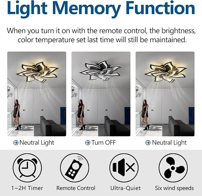 Modern Ceiling Fan with Lights Remote Control, 32" Black Ceiling Fan with Light, 6 Speeds 3 Light Color Low Profile Flush Mount Ceiling Fan for Kitchen Bedroom