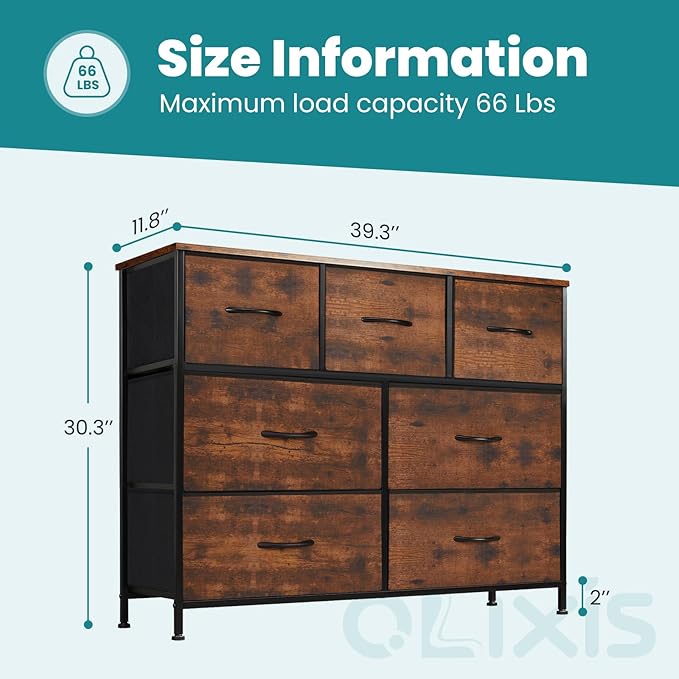 OLIXIS 7 Drawers Dresser for Bedroom, Fabric Storage Tower for Living Room, Entryway - Sturdy Steel Frame, Wooden Top & Easy Pull Fabric Bins, Closet Chests Organizer for Clothes, Classic Rust Brown