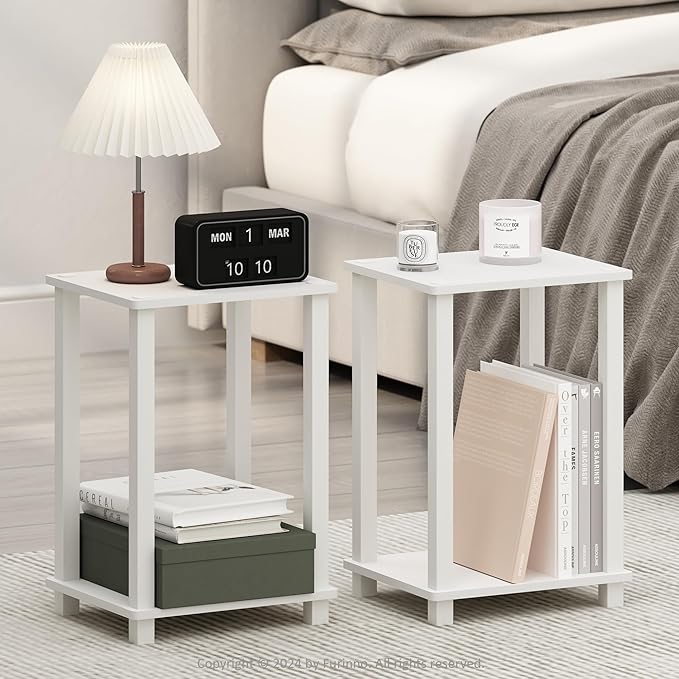 Furinno Simplistic Night Stand Set of 2, 2-Tier Small Nightstand with Open Shelf, Toolless Bedside Table, End Table, Side Table, for Bedroom, Living Room, White