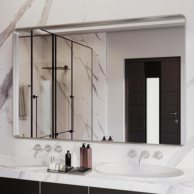 ISKM Silver Framed Mirror for Bathroom 55" x 36" Matte Bathroom Vanity Mirror Anti-Rust, Tempered Glass, Rounded Rectangle Mirror(Horizontal/Vertical)