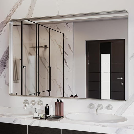 ISKM Silver Framed Mirror for Bathroom 55" x 36" Matte Bathroom Vanity Mirror Anti-Rust, Tempered Glass, Rounded Rectangle Mirror(Horizontal/Vertical)