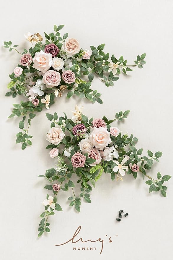 Ling's moment 2pcs Wedding Flowers Garland Artificial Floral Swag Arch Decorations Greenery Arrangements Dusty Rose Cream Ceremony Reception Garden Easel Wall Entryway Outdoor Board(NOT Include Sign)
