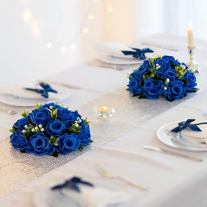 BLOSMON Royal Blue Artificial Flowers: 6 Pcs Fake Roses Flower Ball Centerpieces for Wedding Dinning Table - Faux Silk Kissing Bouquet with Base Floral Arrangement for Home Party Event Decor