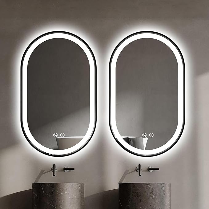Niccy Oval LED Mirror for Bathroom, 40x24 Front Lit + Backlit Vanity Mirrors with Light Anti-Fog, Shatter-Proof, 3 Colors, Makeup Mirror with Black Frame (Horizontal/Vertical)