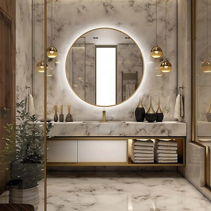 24" Round LED Bathroom Mirror, Wall Mounted Round Backlit Mirror LED Bathroom Vanity Mirror with Light Fog Free Circle Lighted Mirror with Gold Frame, Smart Light up Mirror 3-Color