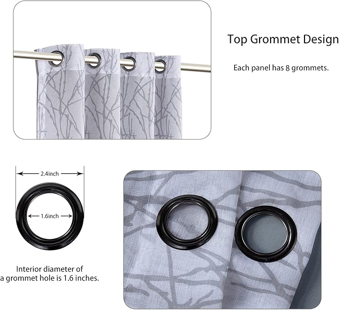 BONZER Mix and Match Curtains - 2 Pieces Branch Print Sheer Curtains and 2 Pieces Blackout Curtains for Bedroom Living Room Grommet Window Drapes, 54x108 Inch/Panel, Light Grey, Set of 4 Panels