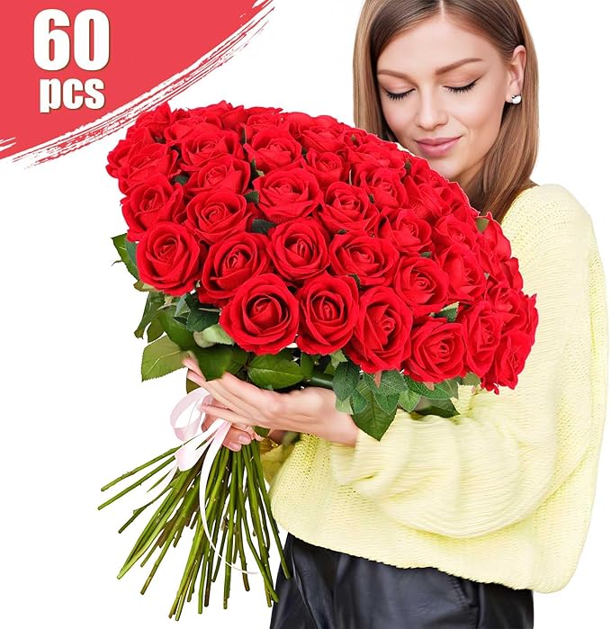 60 Pcs Artificial Roses Bulk Velvet Silk Roses Red Rose Flowers for Wedding Centerpieces Bridal Bouquet Mohter's Day Valentine's Day Christmas Home Decor (60, Red)
