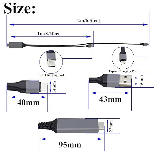 zdyCGTime 2 in 1 MHL USB Type C 3.1 Male & USB 2.0 A Male to HDMI Male 4K@30Hz HDTV Mirroring Video Audio Output Charging Cable Compatible with Android, MacBook, iPad, Thunderbolt 3(2m/Black-USB C)