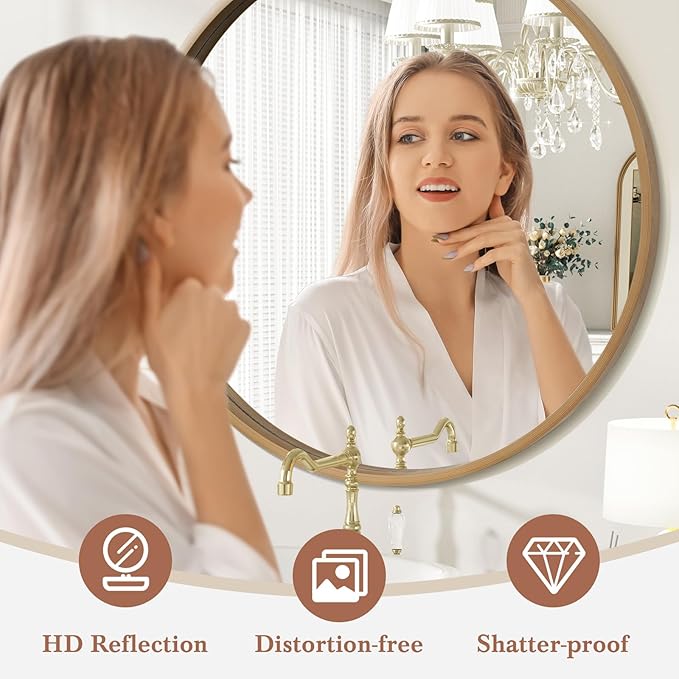 WallBeyond Round Wood Mirror 24" Circle Wall Mirror for Bathroom Round Wall Mirror for Wall Decor, Vanity, Entryway Living Room, Honey