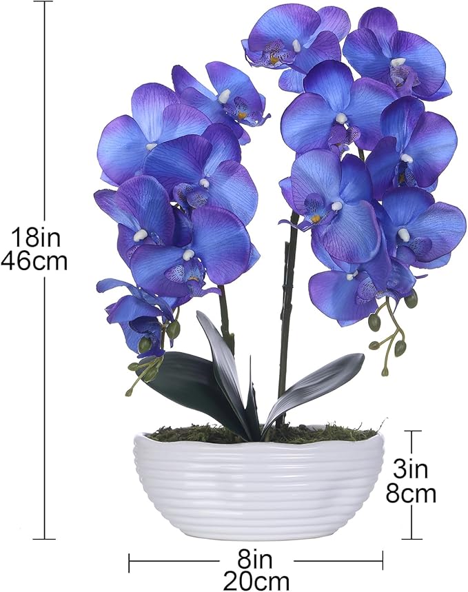 Large Artificial Potted Orchid Plant, Silk Flower Arrangement with Ceramics Vase, Purple Blue
