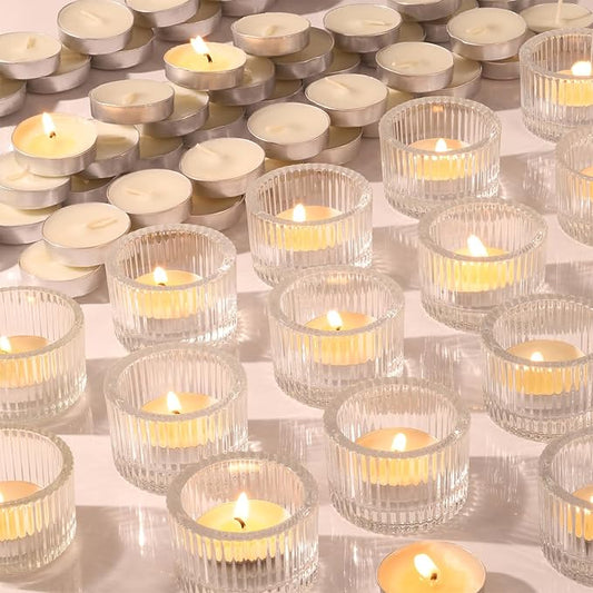 30Pcs Clear Tealight Candle Holder with 32pcs Tea Light Candles, Ribbed Votive Candle Holders Glass for Table Centerpiece, Wedding Decor, Home and Holiday Decor
