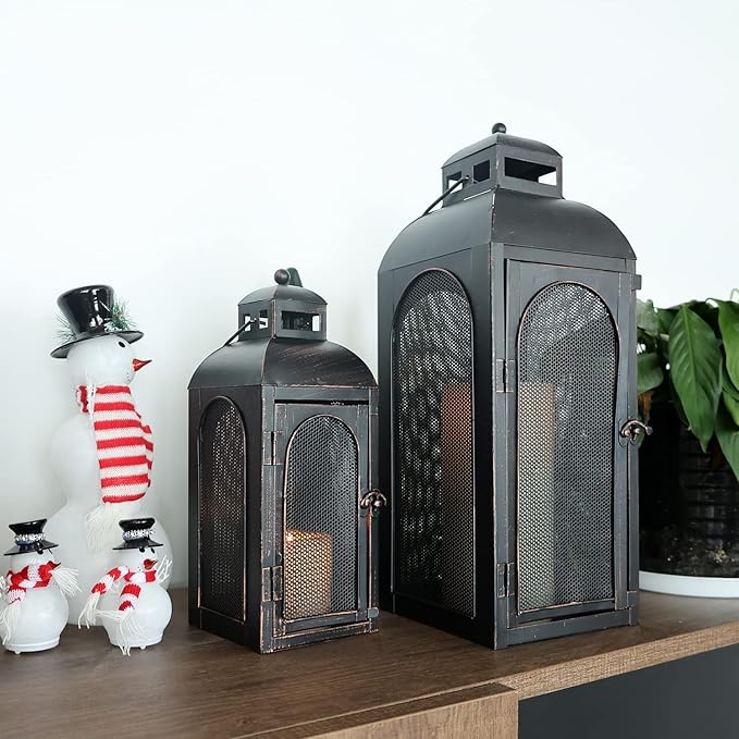 DECORKEY Luxury Lantern Decorative Outdoor & Indoor, Set of 2 (19’’&13’’) Metal Candle Lanterns Decor, Vintage Hanging Candle Holder for Front Porch Patio Wedding Farmhouse Home, Christmas Decorations