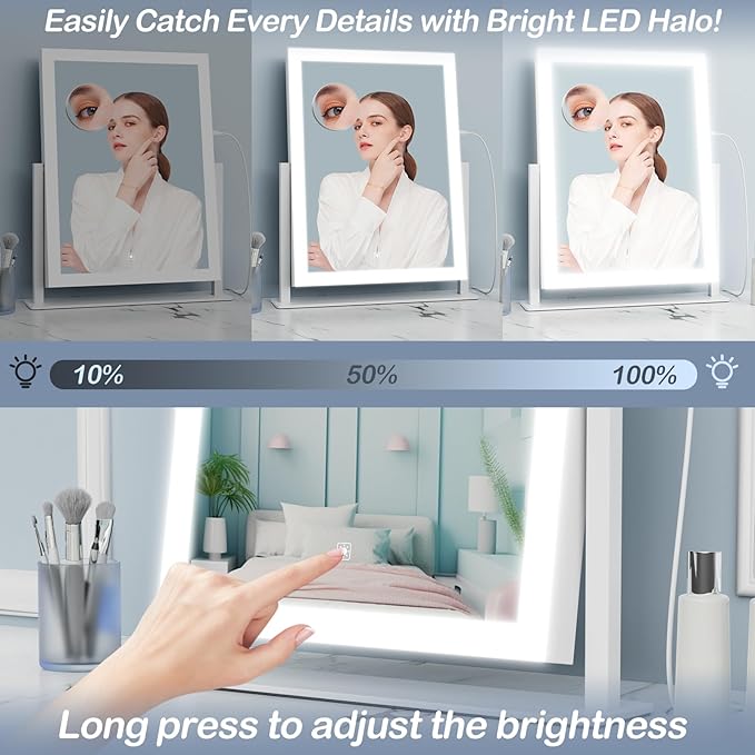 Lighted Makeup Mirror, Hollywood Vanity Mirror with Lights, Three Color Modes，Detachable 10X Magnification Mirror, Smart Touch Control, 360°Rotation (15.2in)