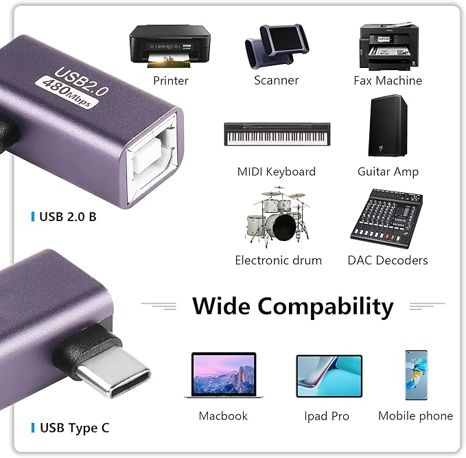 SinLoon 2 Pack USB C to USB B Adapter Type C to MIDI Convert Connector Type C Male to USB B Female Printer Adapter for Eectric Piano DAC,Synthesizer,DJ Controller,Keyboard,Printer (90 Degree)