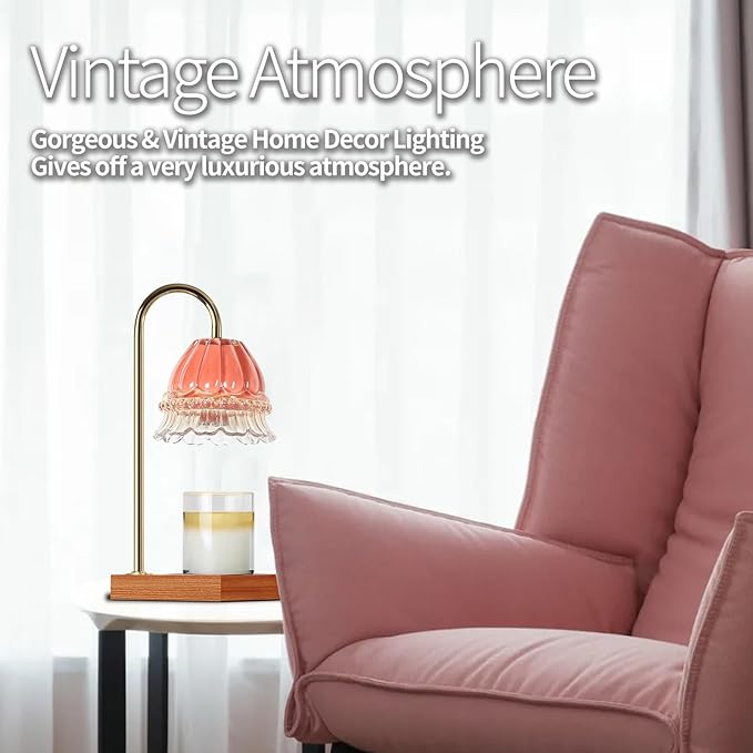 Candle Warmer Lamp, Candle Lamp Wax Warmer, Timer & Dimmer 7-Levels, Compatible All Jar Candles, Top Melting, Glass Candle Heater Lamp for Scented Wax, Elegant Home Decoration, Pink Flower