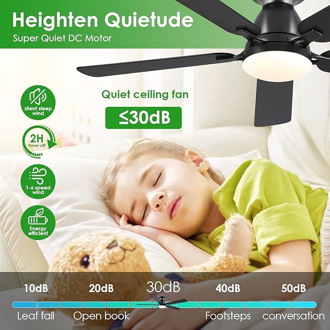 Ceiling Fans with Lights- 52" Low Profile Indoor Ceiling Fan with Light and Remote/APP Control, Flush Mount, LED Dimmable DC Reversible Modern Ceiling Fan for Bedroom（Black）