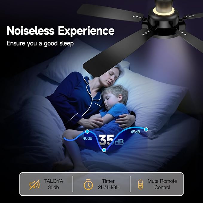 TALOYA Ceiling Fans with Lights and Remote, 52 inch Low Profile Ceiling Fan with Nightlight, Flush Mount, Reversible, 3CCT, Dimmable Black Modern Ceiling Fan for Bedroom, Living Room, Outdoor Patio