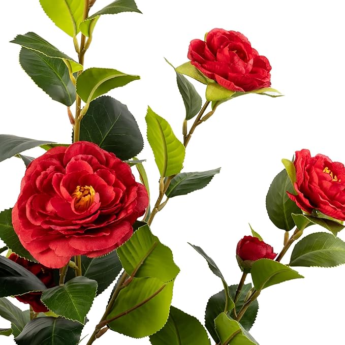 Artificial Camellia Tree 2 Pack, Artificial Plants Outdoor Faux Floral Plant in Cement Pot Fake Red Silk Camellia Tree Plants for Home House Living Room Office Decor (Red (2 Pack))