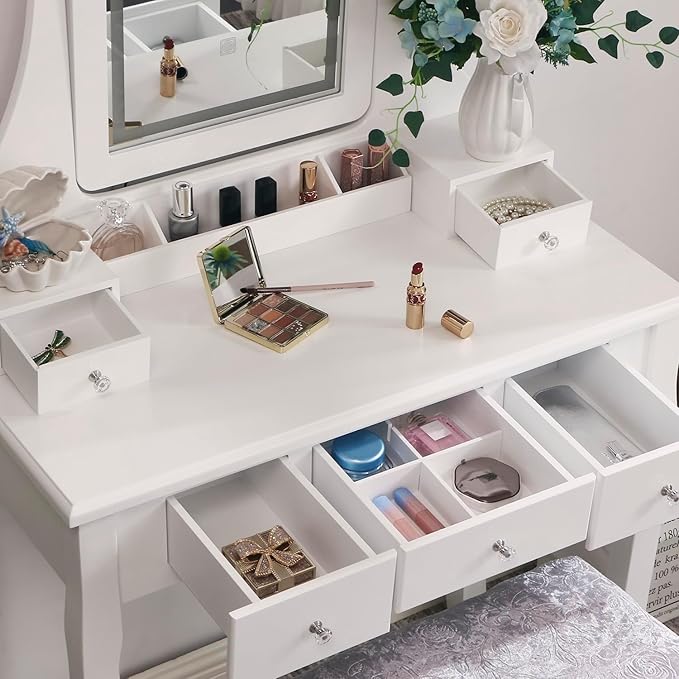 BEWISHOME Vanity Desk, Girls Vanity Set with Mirror and Lights,Small Makeup Vanity Table with 5 Drawer & Stool,Dressing Table with 3 Colors Lighting Adjustable Brightness for Girls White FST07W