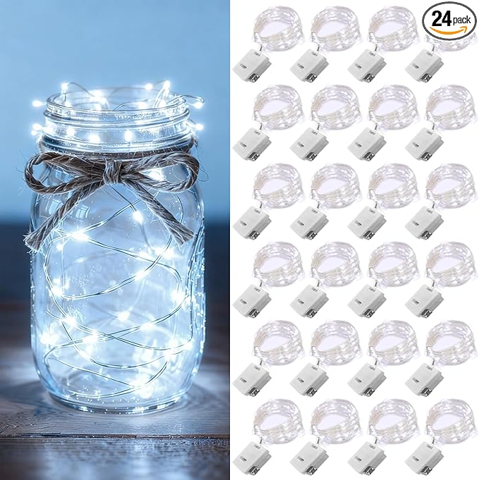 24 Pack Fairy Lights Battery Operated [3 Modes] 7ft 20 LED Mini Twinkle String Lights Waterproof Silver Wire Firefly Starry Lights for Wedding Party Mason Jars Christmas Decorations, Cool White