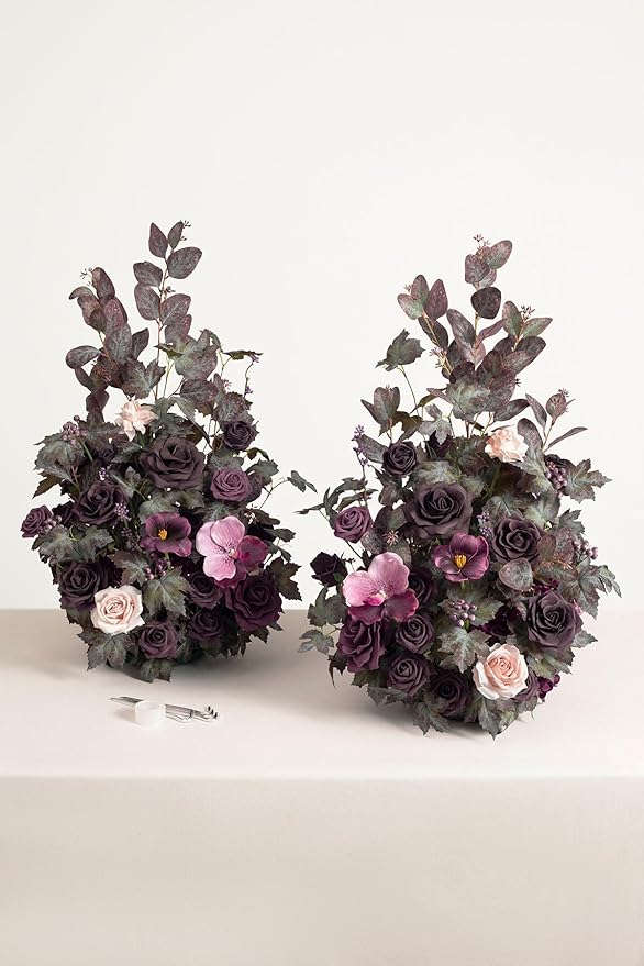 Ling's moment 41" Tall Fall Free Standing Artificial Flowers Arrangements 2pcs Wedding Aisle Runner Chair Decoration Fake deep Plum for Arch Entryway Ceremony Reception Church Rose Floral Party