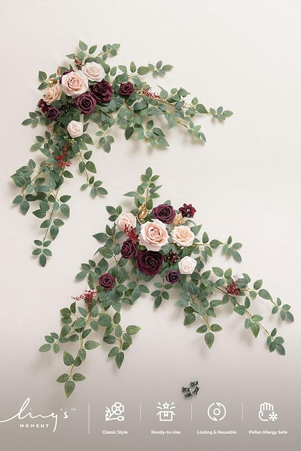 Ling's Moment 2pcs Wedding Flowers Garland Artificial Floral Swag Arch Decorations Rose Greenery Arrangements Marsala Blush Ceremony Reception Garden Easel Wall Entryway Outdoor board(NOT Include Sign