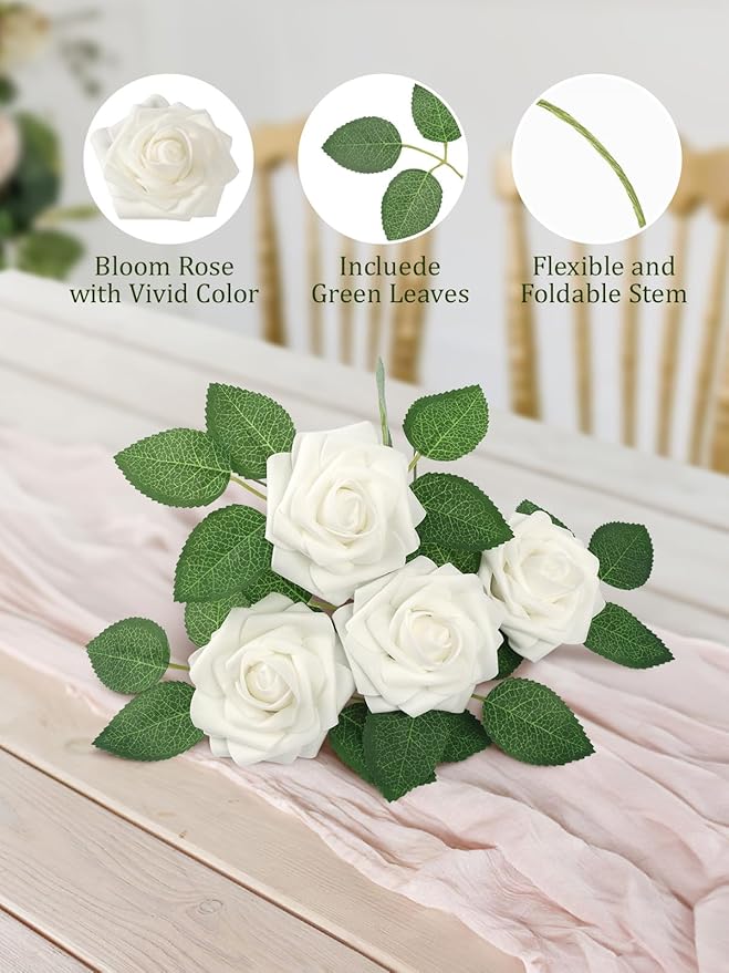 MACTING White Artificial Flower Roses 30PCS Fake Flowers with Stem Real Touch Foam Roses for DIY Wedding Bouquet Arrangements Table Centerpieces Party Bridal Shower Home Spring Mothers Day Decorations