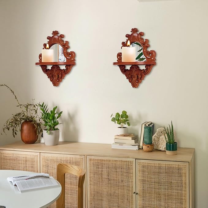 Three-Dimensional Relief Candle Sconces Set 2 Rustic Wall Mount Candle Holders Wood Hanging Wall Decor Mirrored Wall Art Hand Carved Home Decoration Brown