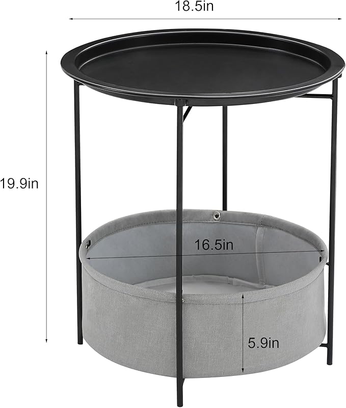 VECELO Round Side/End Table with Fabric Storage Basket，Metal Anti-Rust and Waterproof Small Bedside Nightstand with Removable Tray Top for Living Room，Balcony & Laundry，Black /2pcs with Basket