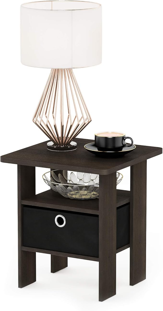 Furinno ANDREY Side Table, End Table, Night Stand with Open Shelves and Storage Bin, Bedside Table, for Living Room, Bedroom, Dark Brown