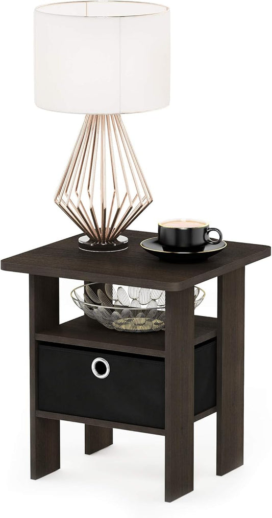 Furinno ANDREY Side Table, End Table, Night Stand with Open Shelves and Storage Bin, Bedside Table, for Living Room, Bedroom, Dark Brown
