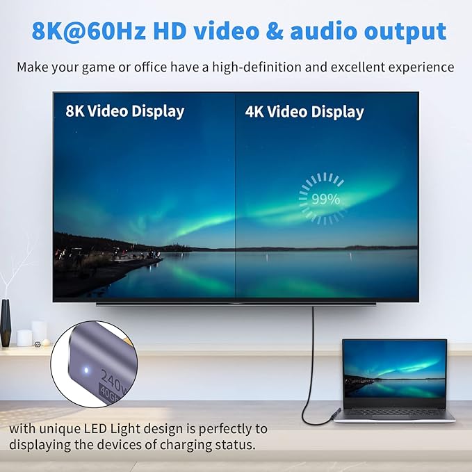 Poyiccot USB C Right Angle Adapter 240W, Right Angle 90 Degree USB C Male to Female Extender Support 40Gbps Data Transfer, 8K Video with LED Light for ipad, MacBook, Tablet, Phone, 2pcs