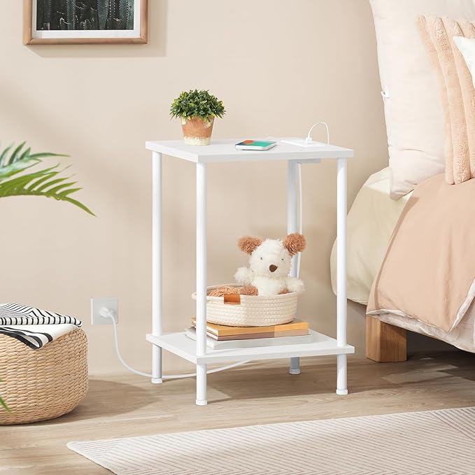 HOOBRO Side Table with Charging Station, Set of 2 End Tables with USB Port and Outlets, Nightstand with 2-Layer Storage Shelves for Small Spaces, Living Room, Bedroom, White WW09UBZP201