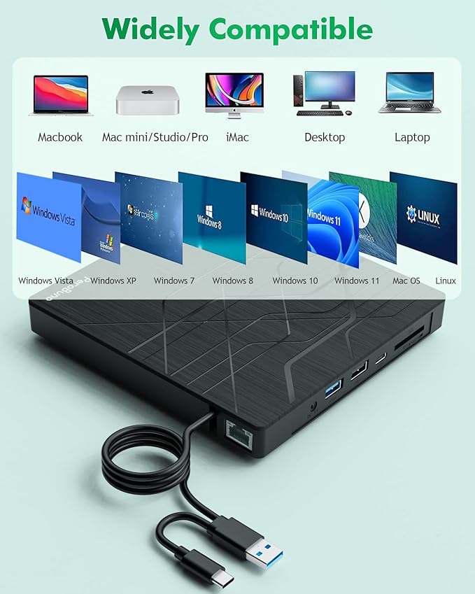 Super External CD DVD Drive, USB 3.0 DVD Burner with Ethernet Adapter, 3 USB and 2 TF/SD Card Ports, CD DVD Player Reader Writer Optical Disk Drive for Laptop PC Mac Windows Linux with Carrying Case