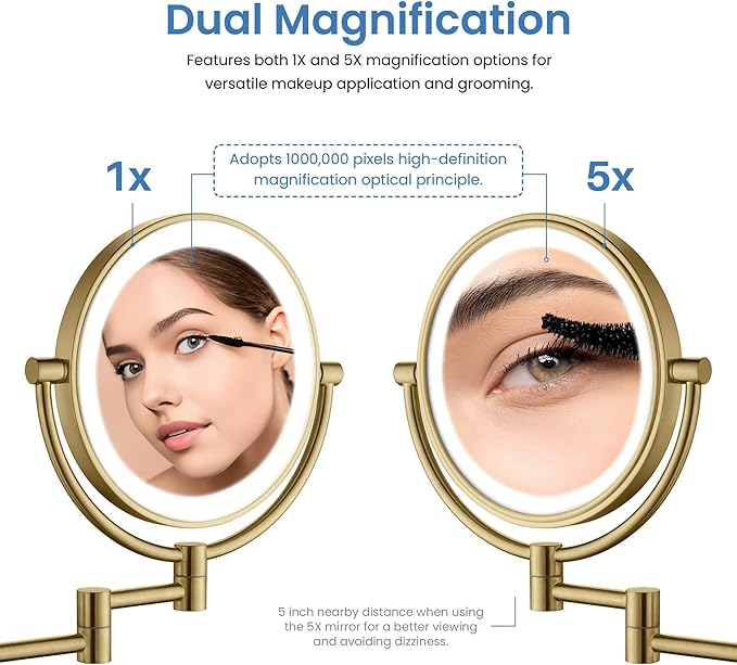 KIBI Circular Wall Mount Makeup Mirror with LED Lights, Dual-Sided 1x/5x Magnifying Mirror with Adjustable Arm, 360° Swivel, Solid Brass Construction for Durability and Style (Brushed Brass, KMM101)