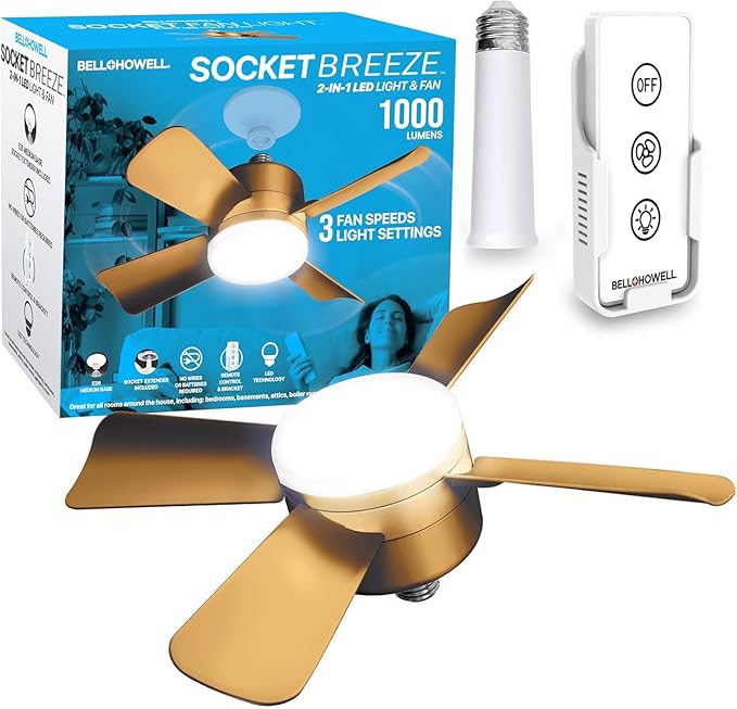 Bell+Howell Socket Breeze Cool Light Deluxe Bronze – Ceiling Fans with LED Lights and Remote Control, Replacement for Lightbulb - Bedroom, Kitchen, Living Room,1000 Lumens / 5000 Kelvins