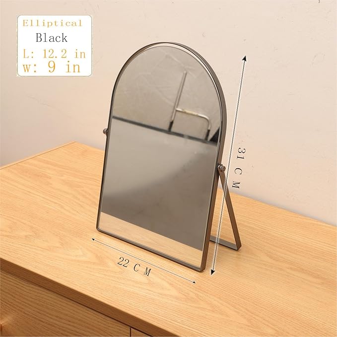 Black Metal Bedroom Mirror Vanity Countertop Makeup Mirror Arch Makeup Bathroom Mirror Rotation Framed Standing Mirrors 90°Adjustable Room Decor for Living Room,Bathroom Tabletop