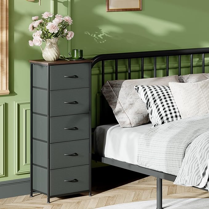 Somdot Dresser for Bedroom with 5 Drawers, Storage Organizer Chest of Drawers with Removable Fabric Bins for Closet Bedside Living Room Laundry Entryway Hallway, Charcoal Grey