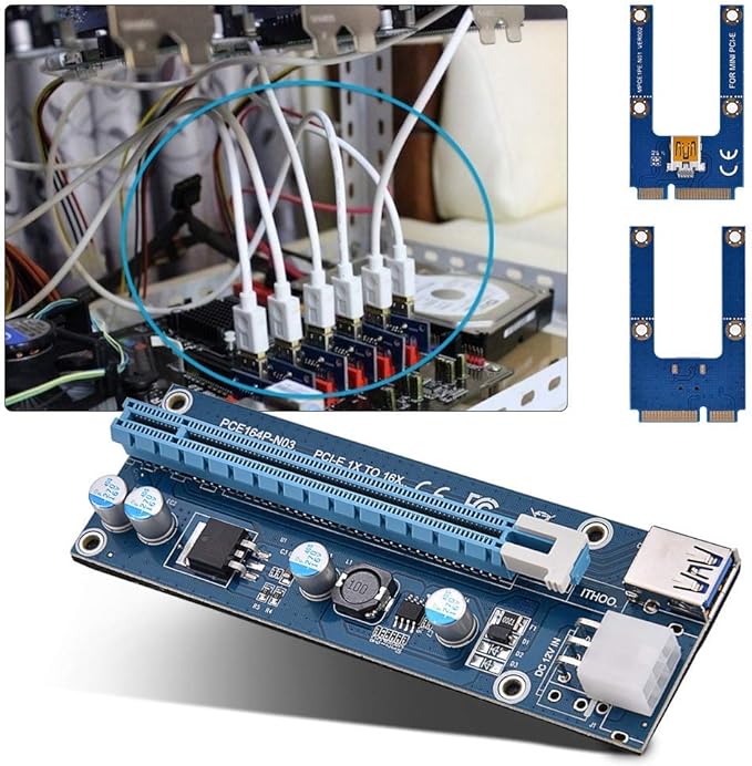 Mini PCI E to PCI Express16x Extender Riser Adapter, SATA Power Cord Converter for Video Card Mining Adopt 4 Solid-State Capacitors, 6pin Interface on The Graphics Card etc.