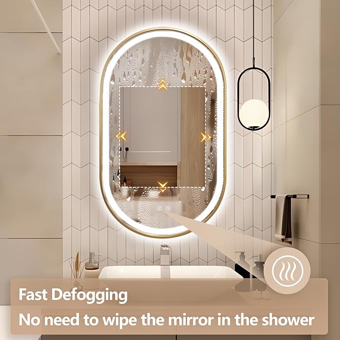 Niccy Oval LED Mirror for Bathroom, 40x24 Front Lit + Backlit Vanity Mirrors with Light Anti-Fog, Shatter-Proof, 3 Colors, Makeup Mirror with Gold Frame (Horizontal/Vertical)