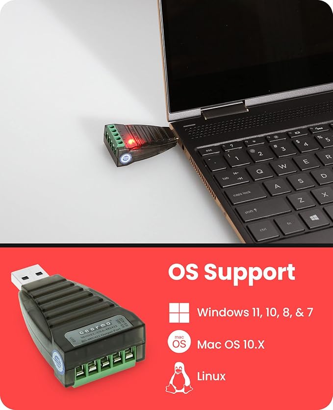 Gearmo USB to Serial RS485 Converter with LED Indicators, FTDI Chipset, Terminal Connectors, ESD Protection, Wide OS Support, RS422 Compatible