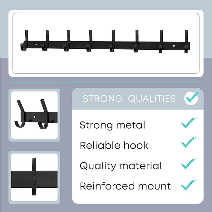 Matte Black Coat Rack Wall Mount – 24 Inch Stainless Steel Hook Rail with 8 Double Coat Hooks – Wall Mounted Entryway Organizer for Coats, Hats, Bags, Towels, Robes, Closet or Bathroom