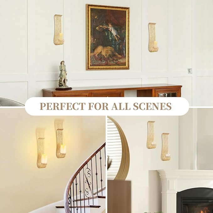 Sziqiqi Gold Candle Sconces Wall Decor Set of 2 - Rustic Pillar Wall Candle Holder for Farmhouse Vintage Hallway Wall Decor Decorative Bathroom Metal Candle Sconces