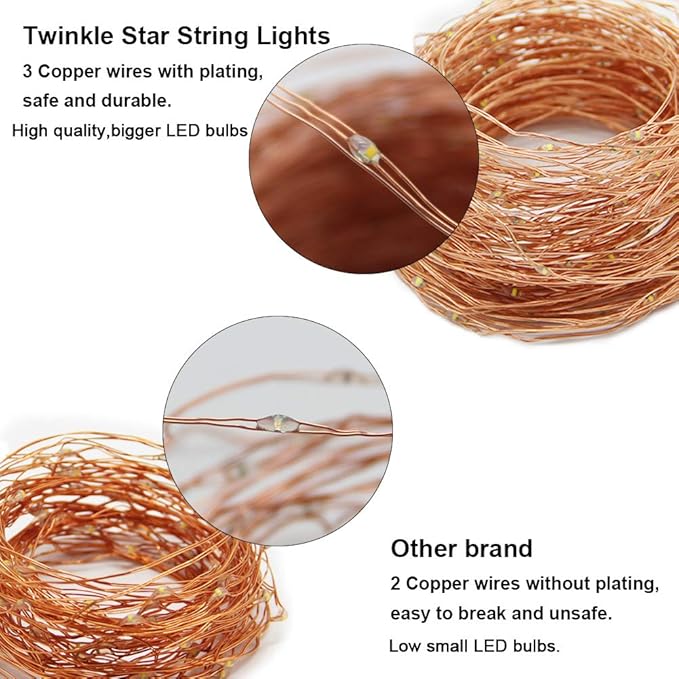 Twinkle Star 200 LED 66 FT Copper Fairy String Lights 8 Modes LED, USB Powered with Remote Control for Christmas Tree Wedding Party Home Decoration, Warm White