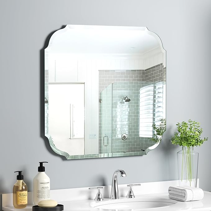 Silver Wall Mirror-Beveled Edge Frameless Mirror for Bathroom, Vanity, Bedroom, Rectangle Mirrors（24X24inch）