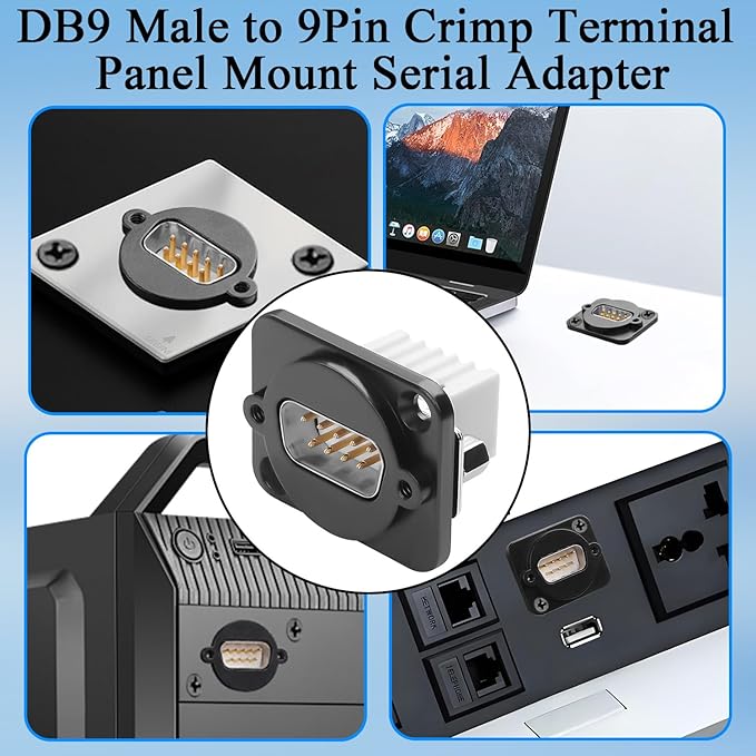 QIANRENON DB9 Panel Mount Solderless Connector Compact DB9 Male to 9Pin Crimp Terminal Bulkhead Mount Serial Adapter D-SUB 9Pin Wiring Plug, Locking Screw Hole, for RS232/RS485/RS422 Communication