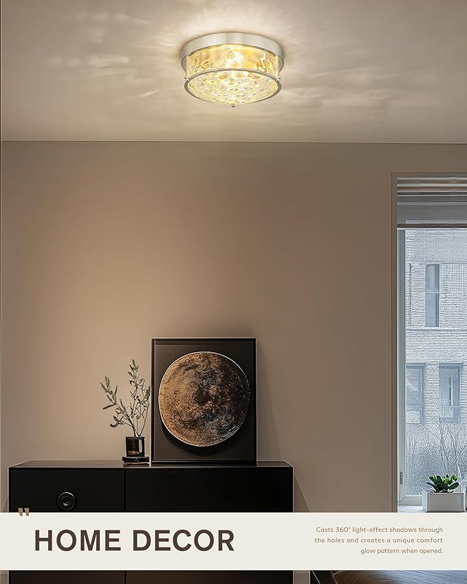 FEMILA Flush Mount Ceiling Light Fixture, 12" Brushed Nickel Ceiling Light, Water Ripple Glass, for Hallway, Living Room, Kitchen, Bedroom, E26 Base, 4FTJ22WG-F BN