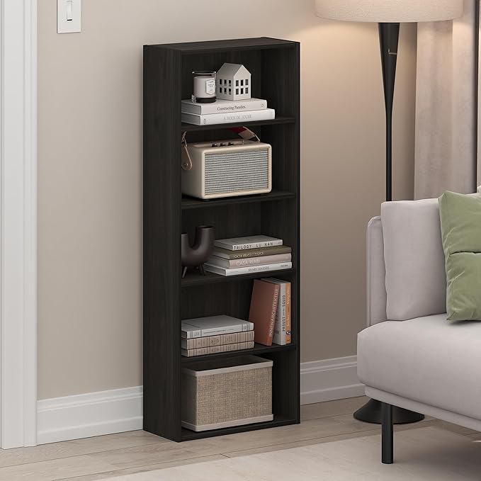 Furinno Basic Book Shelf, 5-Tier Bookshelf, Cube Storage Organizer Bookcase with Open Shelf, 7 x 17 x 44, for Living Room, Bedroom, Home Office, Espresso